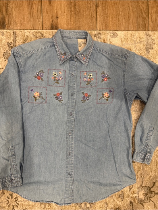 Lands' End Tops - Granny-cottage core Embroidered Light Blue Denim Button-Up Shirt - lands end